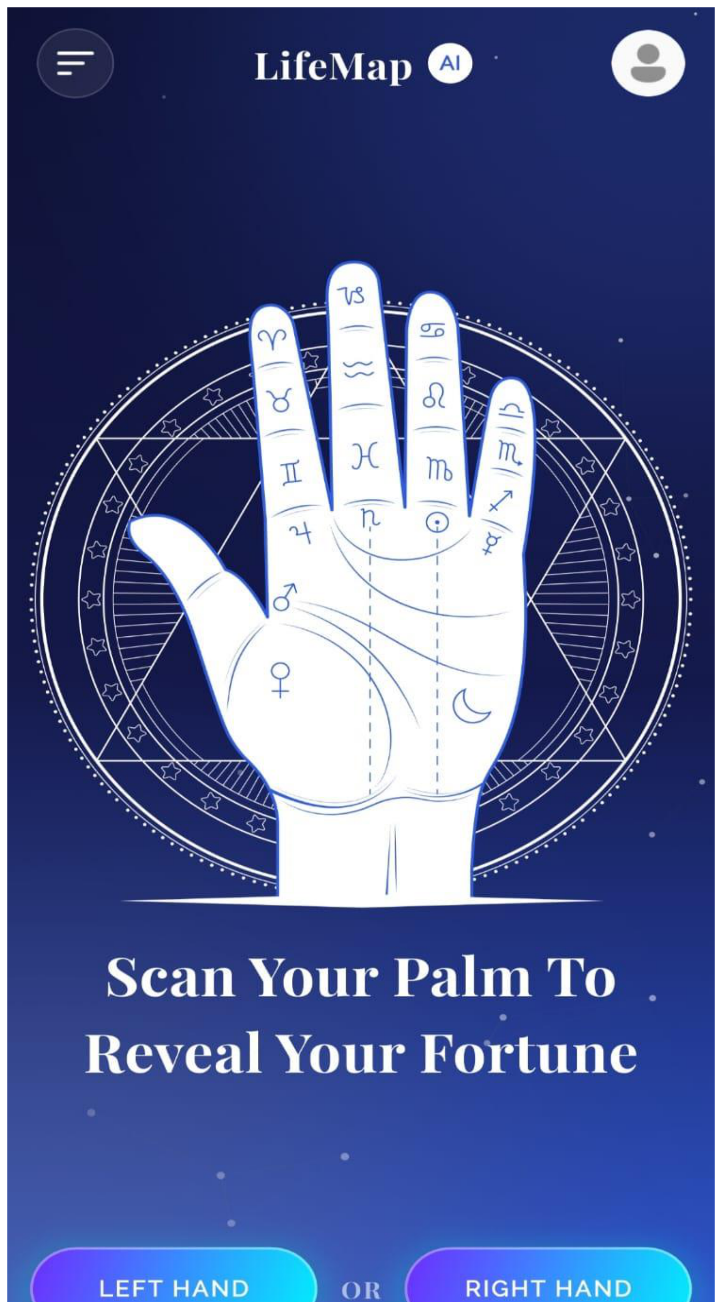 LifeMap AI app showing palm scan home screen
